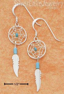 Sterling Silver Small Turquoise Dreamcatcher Earrings W/ Feather On French Wires