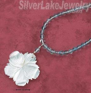 Sterling Silver 16" Strung Blue Topaz Necklace W/ Shell Flower Pendant