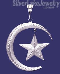 Sterling Silver Large Diamond-cut Moon w/Dangling Star Big Charm Pendant