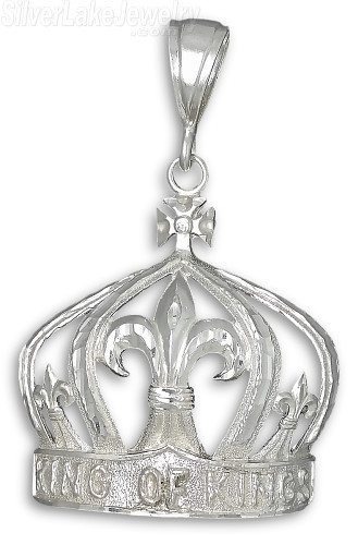 Sterling Silver Diamond-Cut Big King of Kings Fleur de Lis Crown Charm Pendant