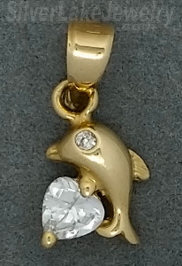 14K Gold Small Dolphin w/Heart CZ Charm Pendant