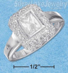 Sterling Silver Womens Emerald Cut Clear Cz Ring W/ Fancy Border Size 6