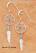 Sterling Silver Small Turquoise Dreamcatcher Earrings W/ Feather On French Wires
