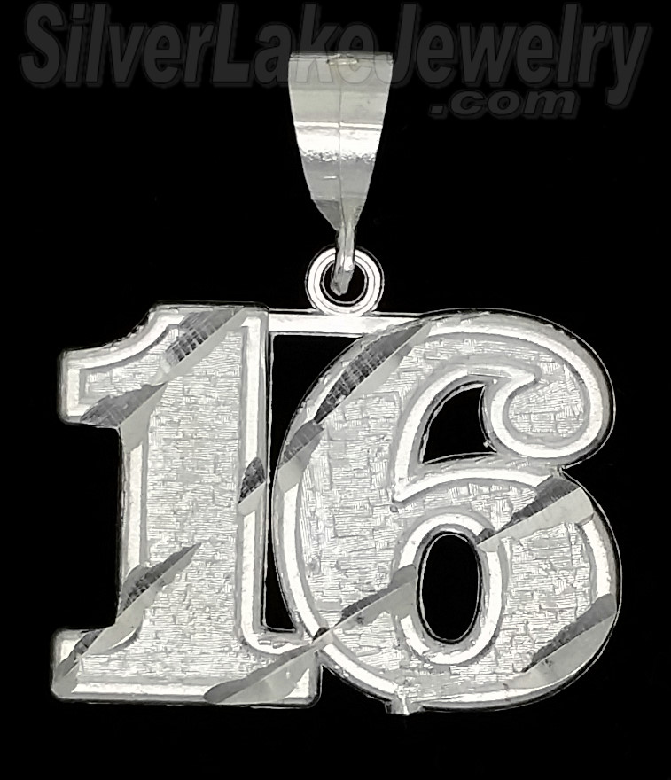 Sterling Silver Dia-cut Number 16 Charm Pendant - Click Image to Close