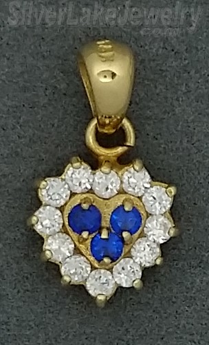 14K Gold Small Heart w/ Clear & Blue CZ Charm Pendant - Click Image to Close