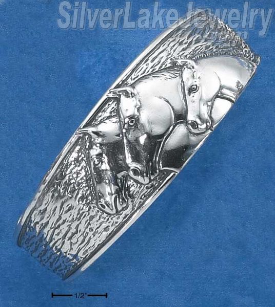 Sterling Silver Three Horseheads Cuff Bracelet On Textured Background - Click Image to Close
