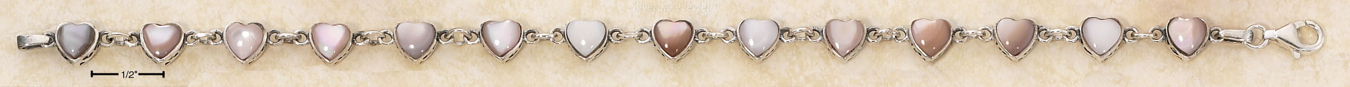 Sterling Silver 7.5" Pink Mussel Mini Hearts In Box Settings Link Bracelet - Click Image to Close