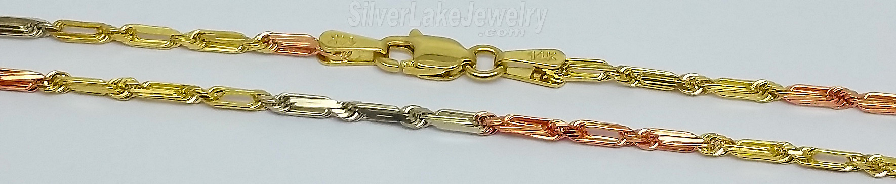 14K Gold 24" 3 Color Baguette Link Chain Necklace 1.9mm - Click Image to Close