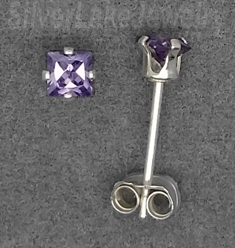 Sterling Silver 3mm Princess Cut Amethyst CZ Stud Earrings - Click Image to Close