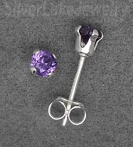 Sterling Silver 3mm Round Brilliant Cut Purple Amethyst CZ Stud Earrings 0.25ct - Click Image to Close