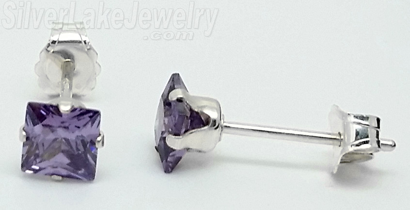 Sterling Silver 4mm Princess Cut Amethyst CZ Stud Earrings - Click Image to Close