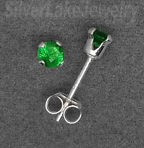 Sterling Silver 3mm Round Brilliant Cut Green Emerald CZ Stud Earrings 0.25ct - Click Image to Close