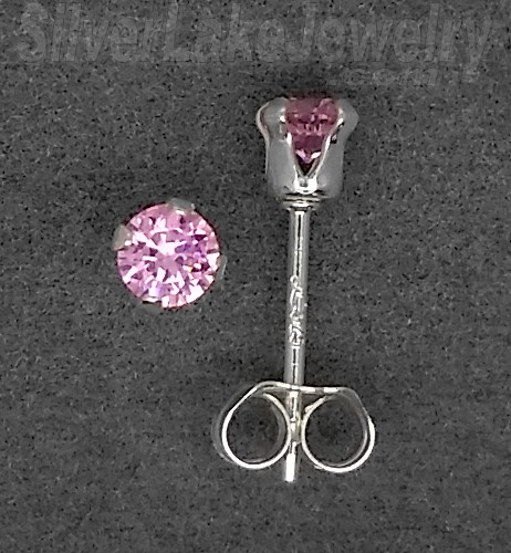 Sterling Silver 3mm Round Pink CZ Stud Earrings - Click Image to Close
