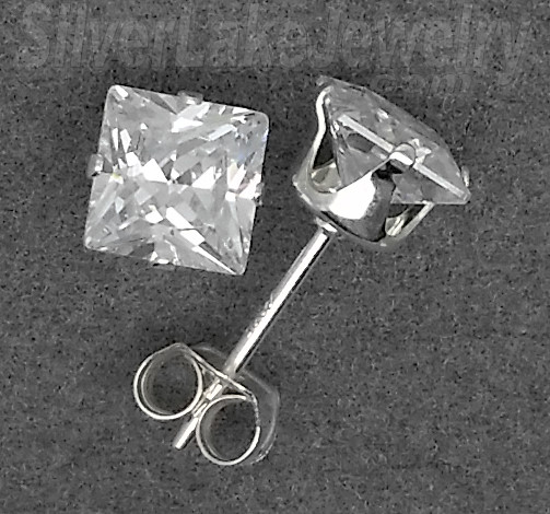 Sterling Silver 5mm Princess Cut Clear White CZ Stud Earrings - Click Image to Close