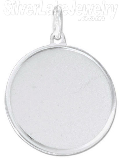 Sterling Silver 21mm Round Satin Disc w/ Polished Border Engravable Charm Pendan - Click Image to Close