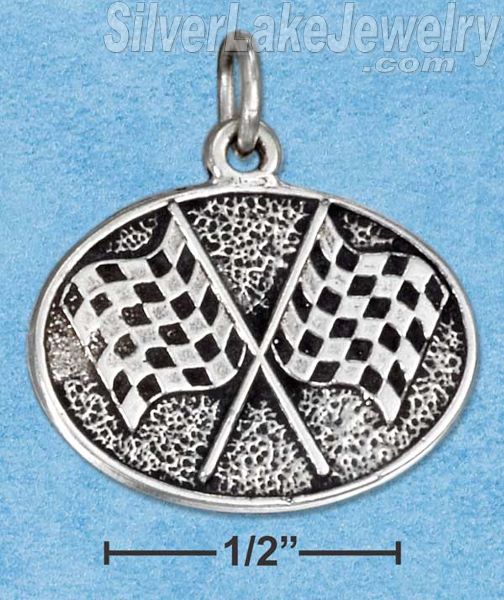 Sterling Silver Antiqued Oval Checkered Flags Charm - Click Image to Close
