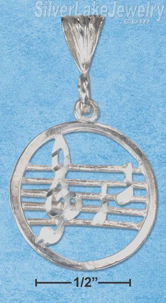 Sterling Silver Diamond Cut Round Music Staff Pendant With G-Clef And Notes - Click Image to Close