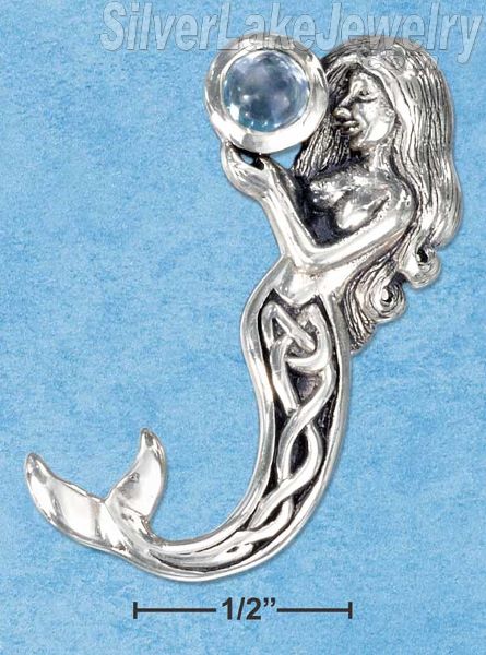 Sterling Silver Celtic Mermaid Pendant Holding Blue Topaz Gemstone - Click Image to Close
