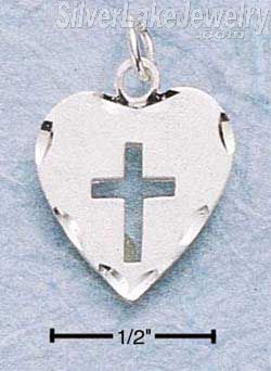 Sterling Silver Diamond Cut Heart With Cross Silhouette Charm - Click Image to Close