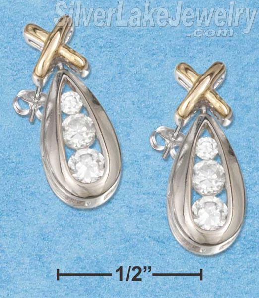 Sterling Silver Tt Triple Cz Channel Setting In Pear Shape "X" Post Earrings - Click Image to Close