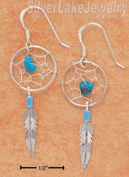 Sterling Silver Turquoise Dreamcatcher Earrings With Feather On French Wires - Click Image to Close
