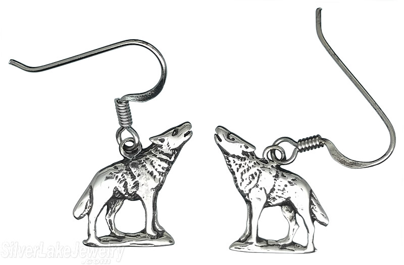 Sterling Silver Antiqued Howling Wolf Earrings On French Wires - Click Image to Close
