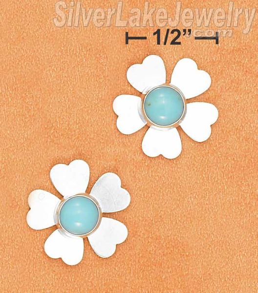 Sterling Silver Turquoise Flower Earrings On Post - Click Image to Close