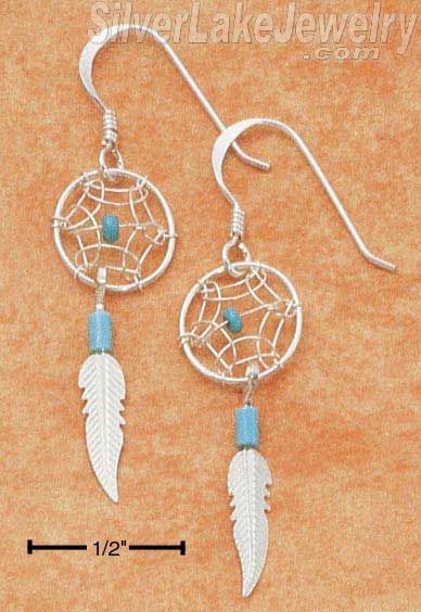 Sterling Silver Small Turquoise Dreamcatcher Earrings W/ Feather On French Wires - Click Image to Close