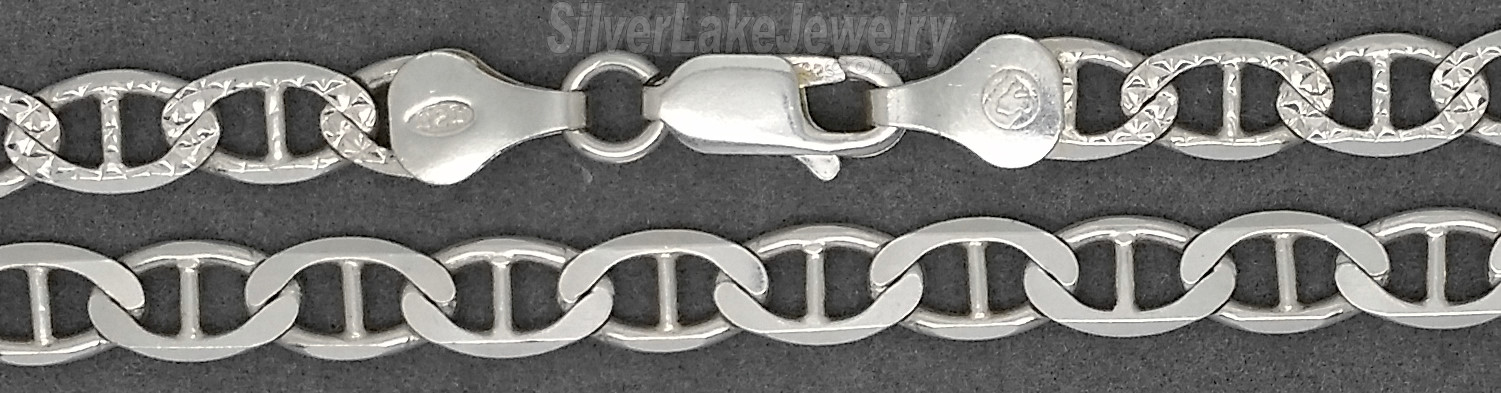 16" Sterling Silver Marina Mariner Chain 5.4mm Diamond-cut One Side Plain Other - Click Image to Close