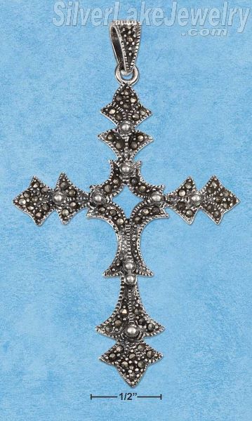 Sterling Silver Pointed Marcasite Beaded Cross Pendant - Click Image to Close