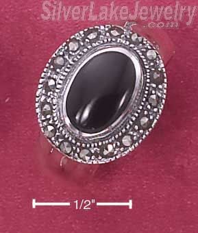 Sterling Silver Genuine Onyx Side Oval With Marcasite Border On High Polish Shan - Click Image to Close