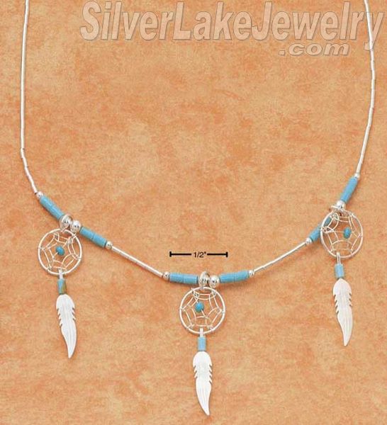 Sterling Silver 18" Triple Dreamcatcher Necklace With Feathers And Turquoise Hei - Click Image to Close