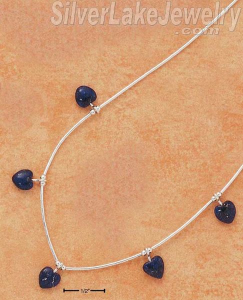 Sterling Silver 16" Five Lapis Hearts On Single Strand Liquid Silver Necklace - Click Image to Close