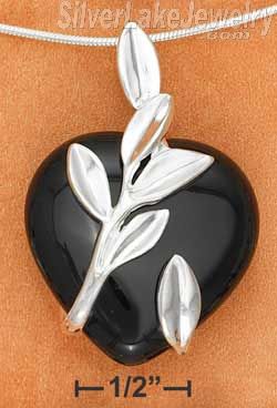Sterling Silver Onyx Heart W/ Wrapped Leaves On 18" Snake Chain Necklace - Click Image to Close