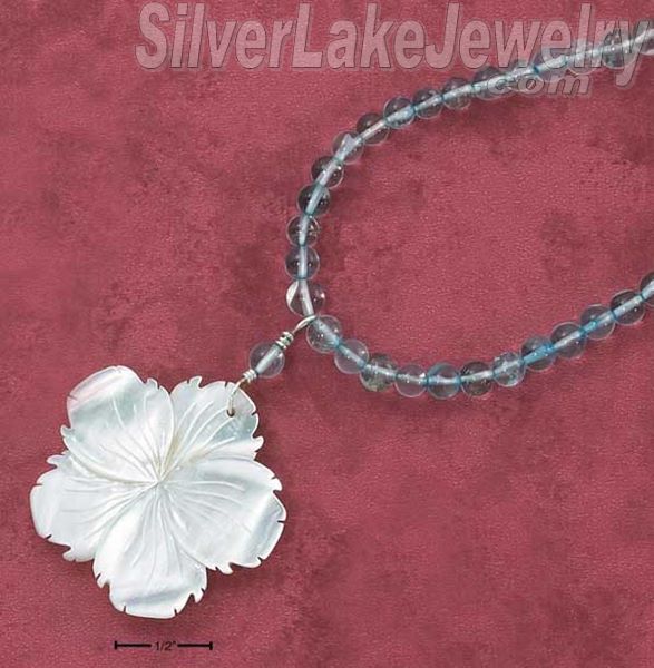 Sterling Silver 16" Strung Blue Topaz Necklace W/ Shell Flower Pendant - Click Image to Close