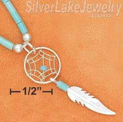 Sterling Silver 20" Small Dreamcatcher Necklace With Feather And Turquoise Heish - Click Image to Close