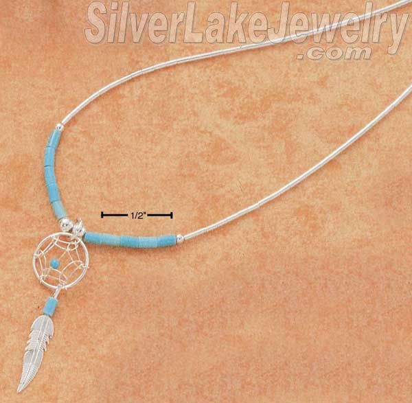 Sterling Silver 20" Small Dreamcatcher Necklace With Feather And Turquoise Heish - Click Image to Close