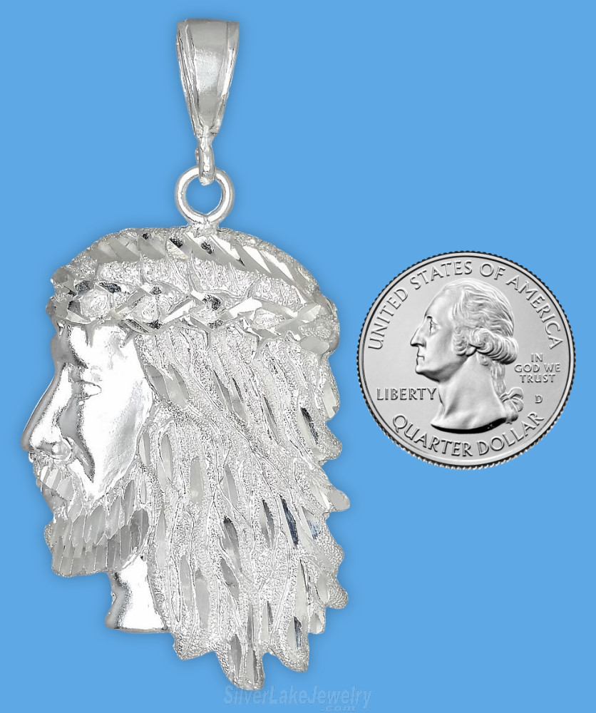 Sterling Silver Large Diamond-Cut Jesus Christ Face Charm Pendant - Click Image to Close