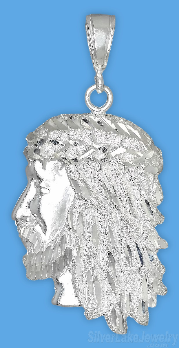 Sterling Silver Large Diamond-Cut Jesus Christ Face Charm Pendant - Click Image to Close