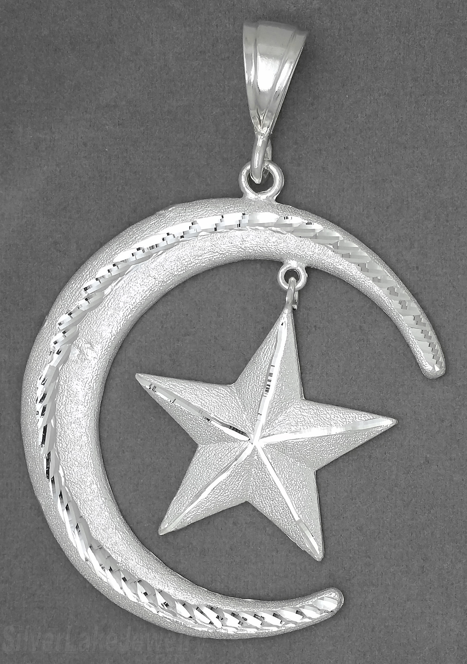 Sterling Silver Large Diamond-cut Moon w/Dangling Star Big Charm Pendant - Click Image to Close