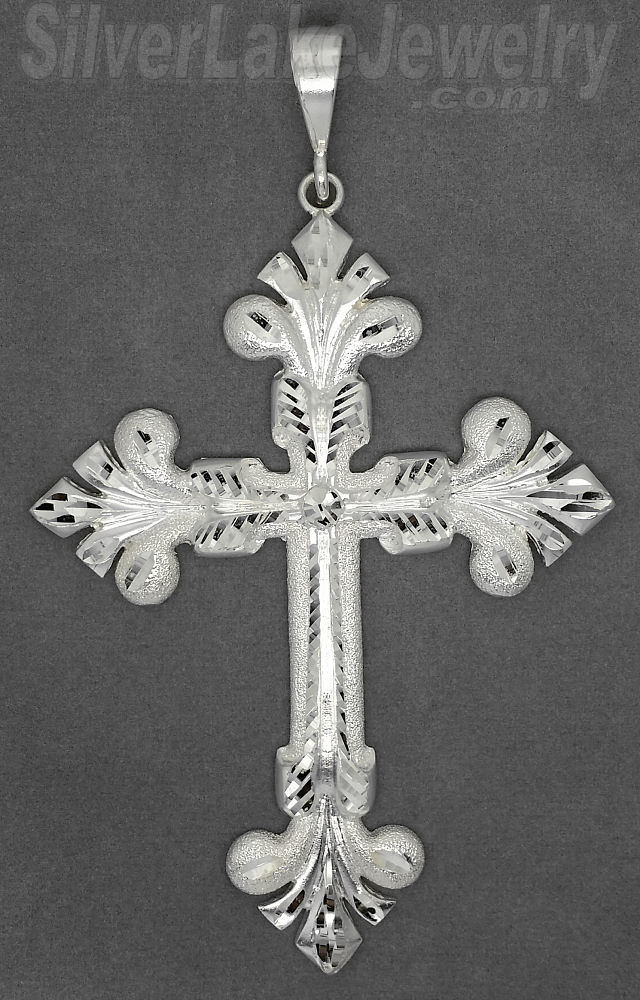Sterling Silver Very Large Diamond-cut Stardust Fleur-de-lis Cross Charm Pendant - Click Image to Close