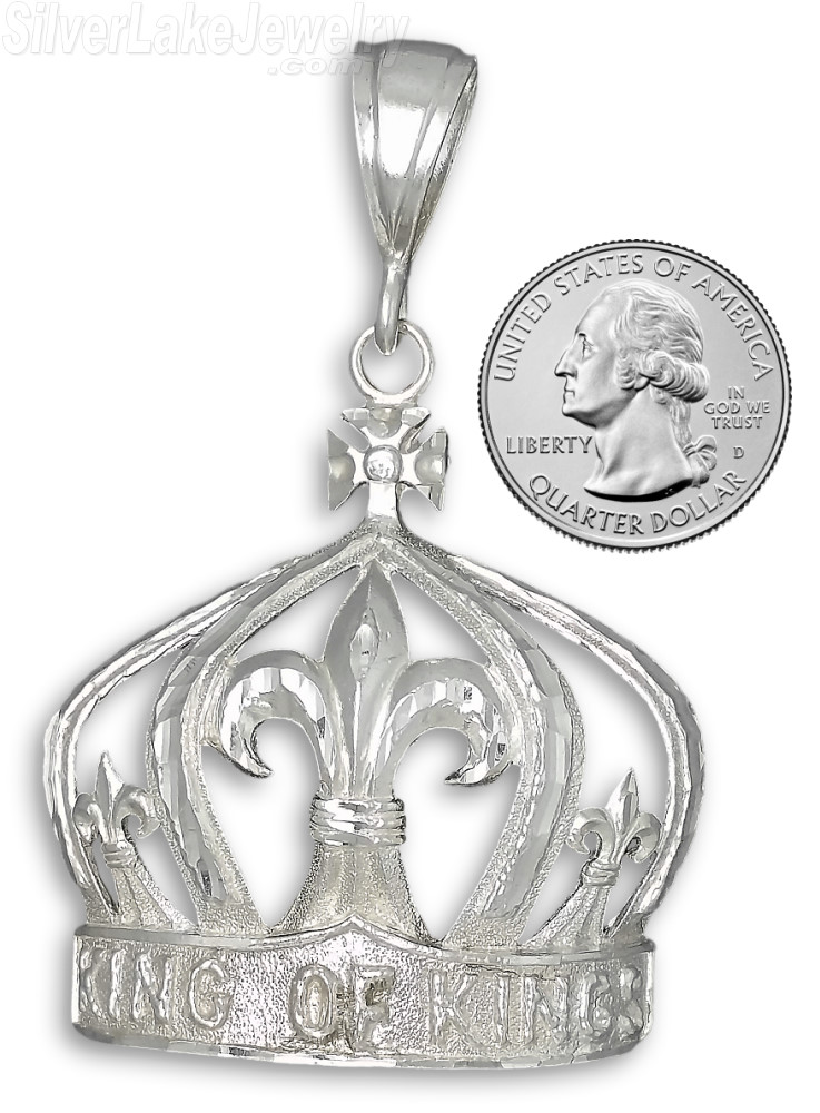 Sterling Silver Diamond-Cut Big King of Kings Fleur de Lis Crown Charm Pendant - Click Image to Close