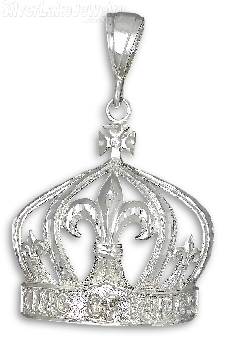 Sterling Silver Diamond-Cut Big King of Kings Fleur de Lis Crown Charm Pendant - Click Image to Close