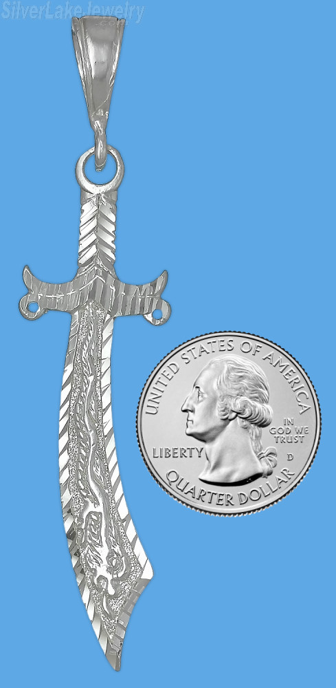Sterling Silver Diamond-Cut Big Dragon Sword Charm Pendant - Click Image to Close