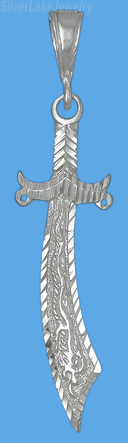 Sterling Silver Diamond-Cut Big Dragon Sword Charm Pendant - Click Image to Close