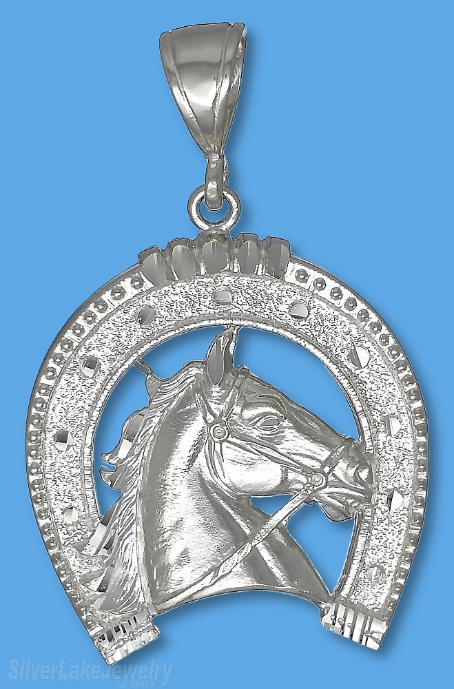 Sterling Silver Diamond-Cut Horse Head in Horseshoe Charm Pendant - Click Image to Close