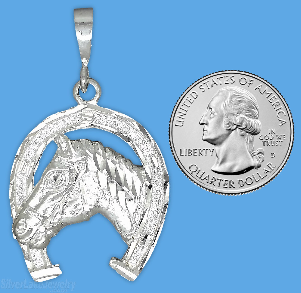 Sterling Silver Diamond-cut Horse Head Horseshoe Charm Pendant - Click Image to Close