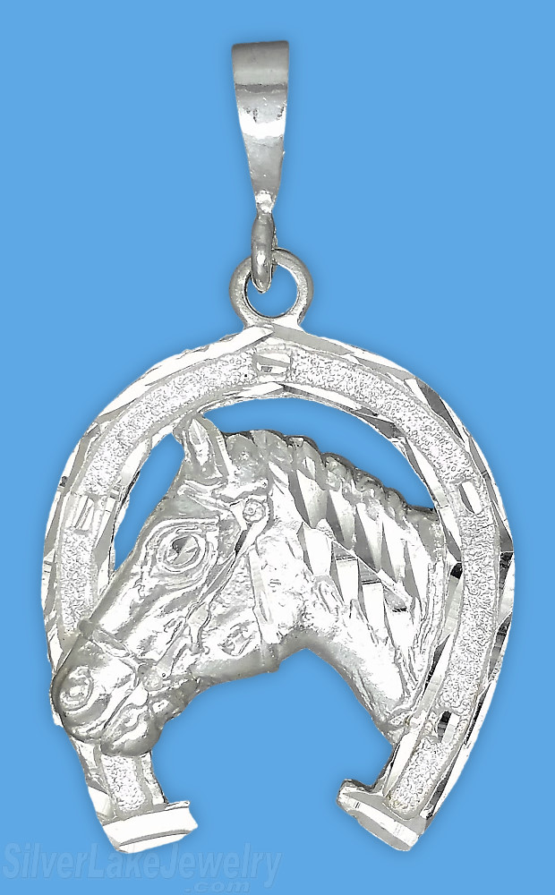 Sterling Silver Diamond-cut Horse Head Horseshoe Charm Pendant - Click Image to Close