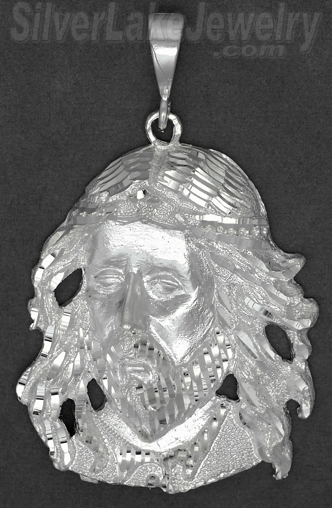 Sterling Silver Big Diamond-cut Jesus Christ Face Very Large Charm Pendant - Click Image to Close