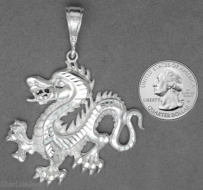 Sterling Silver Diamond-Cut Big Dragon Charm Pendant - Click Image to Close